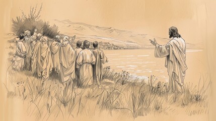 Fototapeta premium Jesus Appearing to His Disciples by the Sea of Galilee, Biblical Illustration of Faith and Reassurance, Ideal for Religious article