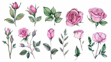 set of watercolor pink flowers garden roses peonies leaves and branches botanic illustration