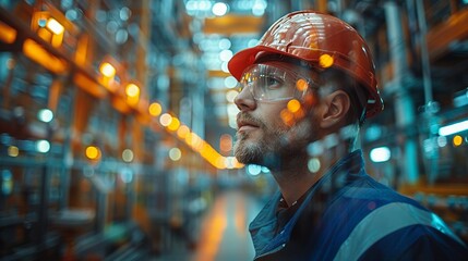 Obraz premium A man in a blue and orange safety suit is looking at something in a dark room