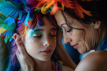 Obraz premium A transgender helps their child dress up for a school festival. They prepared their children's outfits and makeup ready for the event.