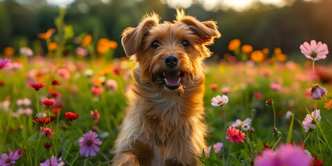 Energetic dog joyfully springs on a vibrant meadow amid blooming flowers. Concept Pet Photography, Action Shots, Springtime, Nature Enthusiast, Happy Moments