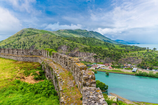 A view along the wall of the Rozafa castle above Shkoder in Albania in summertime