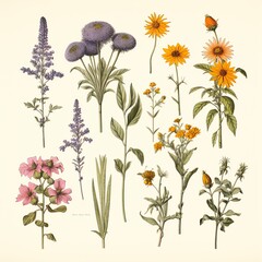 Vintage watercolor botanical illustrations of herbs and flowers,