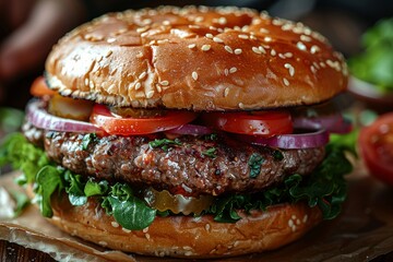 Close-up of a delicious gourmet burger with fresh ingredients