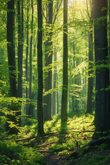 Green forest with beech trees, during spring time, with sun light and shadows, in a morning misty atmosphere.