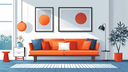 Chic lounge area in a modern setting with an orange sofa and contemporary wall art.