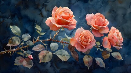 A watercolor painting of a pink rose branch with multiple flowers and leaves, capturing the natural beauty and elegance of the rose plant. List of Art Media Photograph inspired by Spring magazine