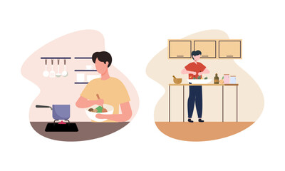 Collection of people cooking in kitchen, serving table, dining together, eating food