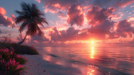 A lone palm tree on a sandy beach, with a ring of tropical flowers at its base, silhouetted against a colorful sunset sky. List of Art Media Photograph inspired by Spring magazine