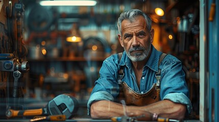Obraz premium A man in a blue shirt and apron is sitting at a workbench