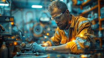 A man in a yellow shirt is working on a machine