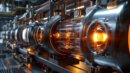 Fototapeta premium Detailed view of industrial machinery in a factory setting, showing intricate parts and mechanisms in operation