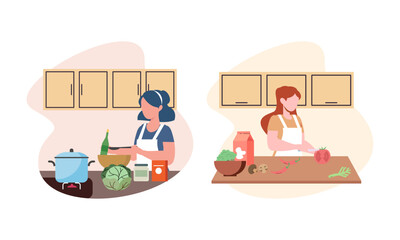 Collection of people cooking in kitchen, serving table, dining together, eating food