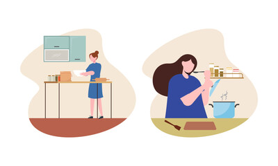 Collection of people cooking in kitchen, serving table, dining together, eating food