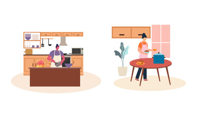 Collection of people cooking in kitchen, serving table, dining together, eating food