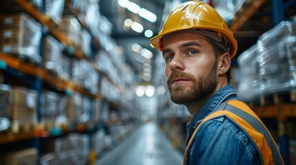 A man in a yellow hard hat stands in a warehouse