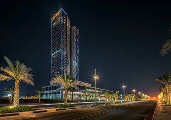 Fototapeta premium A night view of the skyscraper in Saudi Arabia with lights shining from its windows and surrounding buildings