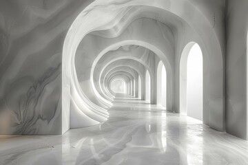 Featuring a black and white photo of an arch through a corridor