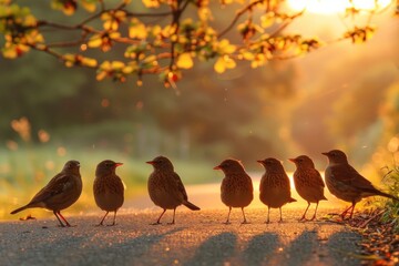 Group of Birds Standing on Road at Sunset - Powered by Adobe