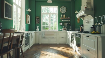 modern kitchen interior, forest green and white walls, parquet floor --ar 16:9 Job ID: 5005221b-6933-4c6b-b7c9-b810daadcc37