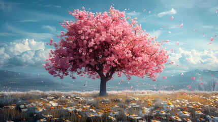 A solitary cherry blossom tree in full bloom, standing in a meadow of daisies and other wildflowers, with petals gently falling to the ground. List of Art Media Photograph inspired by Spring magazine