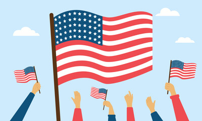 United States National Flag Day illustration. The American flag against the sky. People are waving their hands with flags.
