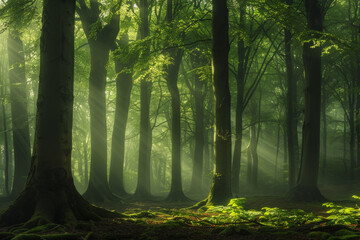 Green forest with beech trees, during spring time, with sun light and shadows, in a morning misty atmosphere.