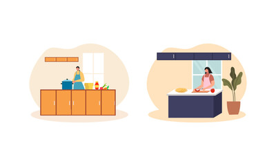 Collection of people cooking in kitchen, serving table, dining together, eating food