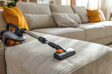 Washing vacuum cleaner cleaning sofa in living room with modern interior