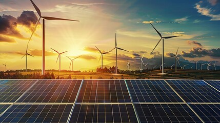 collage of solar panels and wind turbins - concept of sustainable resources