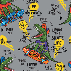 Bright cool seamless pattern with dinosaur on a skateboard. graffiti background with t rex.For textile, kids wear, fabric and more

