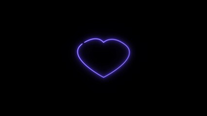 Heart shape Valentine's Day love card neon glowing blue color illustration. Black background 4k illustration.