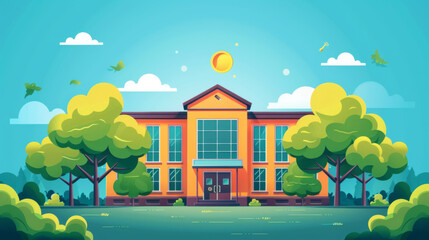 Bright and colorful illustration of an animated school building in a vibrant, lush green landscape under a sunny sky.