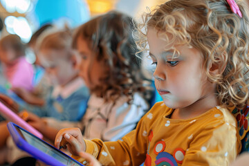 Children using tablets for interactive digital learning in modern classroom