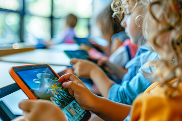Children using tablets for interactive digital learning in modern classroom