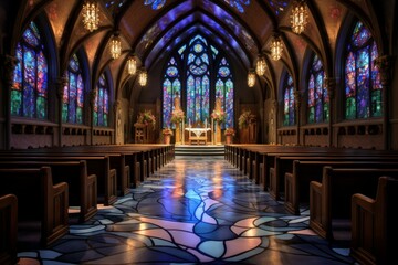 Serene view of a church's interior, highlighting the colorful reflections from its stained glass
