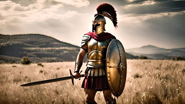 Roman Soldier Standing in Field With Mountains Background Generative AI