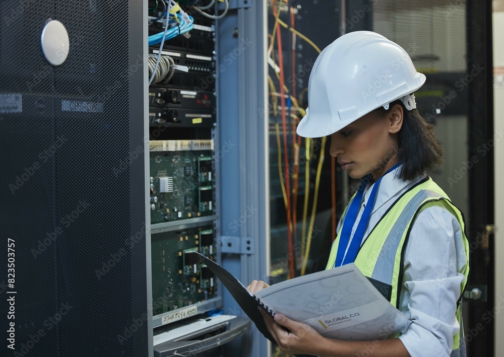 Poster Woman, data center and server room for internet infrastructure and inspection of computer. Network engineer, IT support and cybersecurity with neon, software and company info for cloud computing
