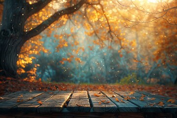 A wooden table with a blurred background against a tree
