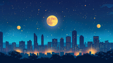 Fantasy digital illustration of a night cityscape with a large moon and a smaller one in a starry sky.