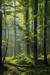 Green forest with beech trees, during spring time, with sun light and shadows, in a morning misty atmosphere.