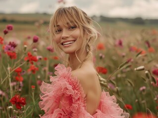 Naklejka premium A cheerful woman in a frilly coral dress stands among wildflowers, her smile as bright as the surrounding flora