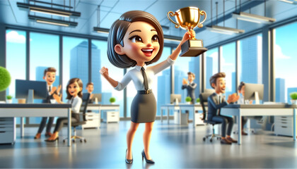 Obraz premium A businesswoman who has succeeded in a project raises her cup in her hand, blurred background of her colleagues congratulate her 