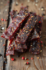 Strips of organic dried peppered beef jerky, high-protein snack