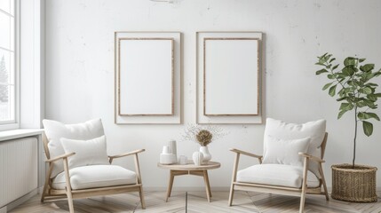 scandinavian living room interior with two empty frame oak --ar 16:9 Job ID: 4011334b-30a6-4237-b73f-e05c82b75fe7