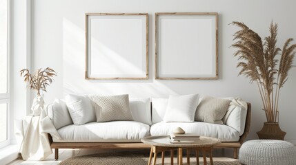 scandinavian living room interior with two empty frame oak --ar 16:9 Job ID: 4011334b-30a6-4237-b73f-e05c82b75fe7