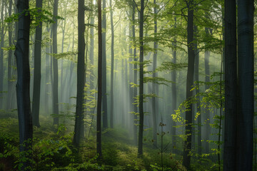 Green forest with beech trees, during spring time, with sun light and shadows, in a morning misty atmosphere.