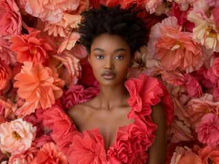 Naklejka premium With soft focus on the surrounding flowers, the woman's serenity and elegance take the centre stage in this peaceful portrait