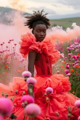 Naklejka premium Captivating model in a red gown with ruffles stands prominently in a blooming field with white smoke