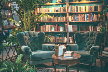 A cozy corner at a book fair, armchairs and a small cafe set up for readers, intimate and relaxing, soft focus